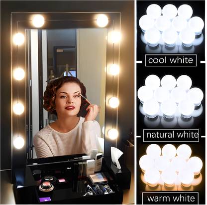 WBD Vanity Mirror Lights 10 Bulbs Dimmable Brightness Stick on Mirror 3-Color Modes Flash