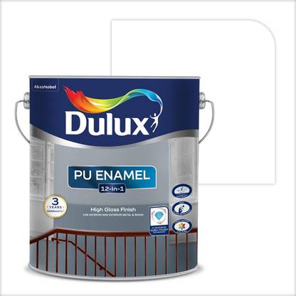 Dulux PU Enamel High Gloss Finish Paint for Interior, Exterior & Surfaces White White Enamel Wall Paint