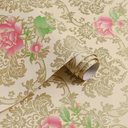 Anna Stella 304.8 cm Gold Rose Damask Waterproof Wallpaperr for Royal Looking (304.8 x 45.72 cm) Self Adhesive Sticker