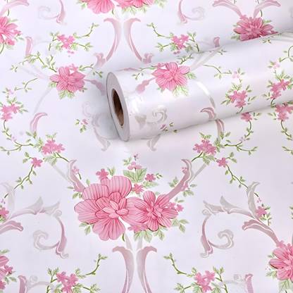 Maefele 304 cm Floral Pink, White Self Adhesive PVC Easy to Install Wallpaper Self Adhesive Sticker