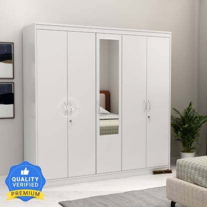 Wooden Street Mahin Five Door Multi Utility Wardrobe with Mirror/Wooden Almirah Engineered Wood 5 Door Wardrobe