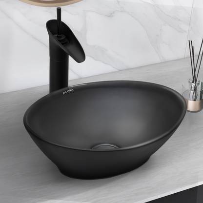 Plantex Ceramic Basin for Bathroom/Table Top Ceramic Basin/Washbasin for Bathroom (BOAT-NS-BLACK-Marble Finish) Counter Top