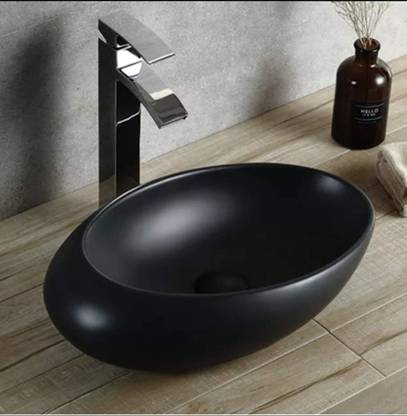 InArt Table Top Premium Designer Ceramic Wash Basin/Vessel Sink Slim Rim Black for Bathroom 20 x 12 x 5 Inch (Black Glossy) Table Top Basin