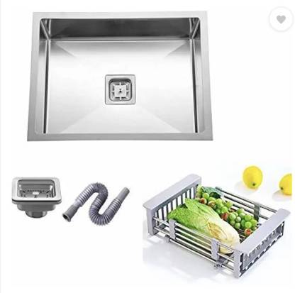 Bowlsandmore | 22" x 18" x 10" | KITCHEN SINK WITH SS COUPLING & VEGETABLE WASH BASKET | MATT Finish Single Bowl 304 Grade Stainless Steel Kitchen Sink Vessel Sink