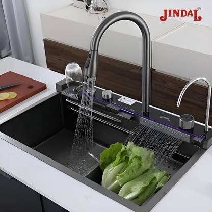 JINDAL Multifunctional 30x18x9 inches SS 304 Waterfall Kitchen Sink with Piano Switch/ Sink With Integrated Waterfall, Digital Display, Pull-out Faucet and RO Tap/ Top Mount