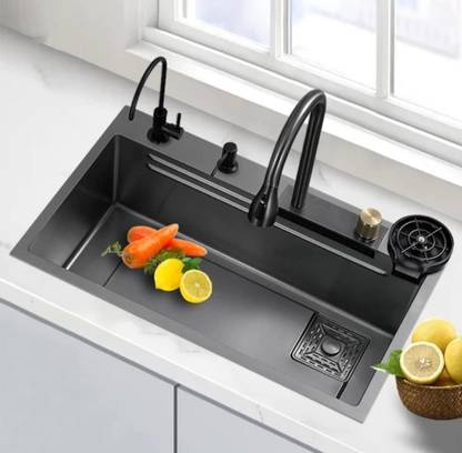 Q-IMAGE 304 Grade Smart Waterfall Kitchen Sink 30x18x10 Single Bowl With Pullout Faucet WITH INTEGRATED WATERFALL , GLASS RINSER & PILLOUT FAUCET Vessel Sink