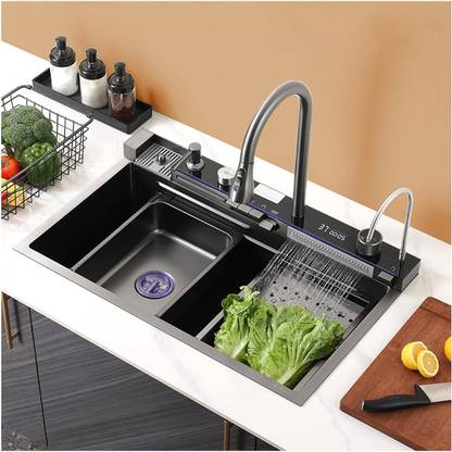 HISRE 304 Steel Smart Sink with Touch Switch, RO, Pull Faucet, LED & Nano Coating 30x18x9 5-Piano Switch 2 Waterfall & 1 Pull-down Faucet With LED Display Vessel Sink