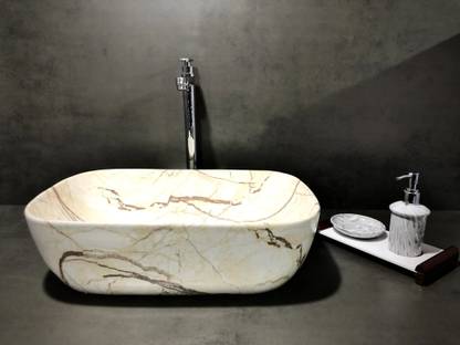 DELTA Premium Designer Ivory Marble Glossy Finish Ceramic Wash Basin(M09) (18x13x5)(0009) Table Top Basin