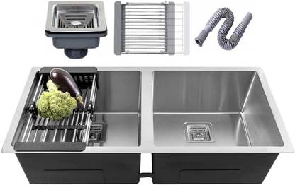 MIGSA 37" X 18" X 10" Handmade Kitchen Sink Double Bowl Stainless Steel Matt Finish F_123 Under Counter Basin