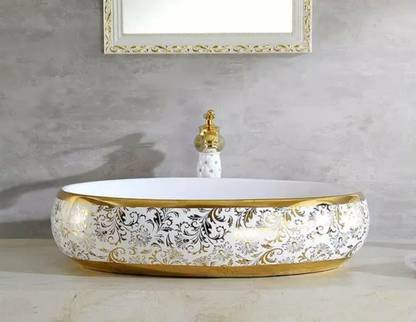 Cluster Designer Glossy Ceramic Table Top Wash Basin For Bathroom & Livingroom Decor | Oval Shaped (60x40x15 cm) Counter Top