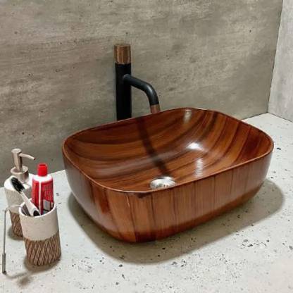 Karmayogi Impex Wood Effect Table Top Basin Matt Finish IR121 | 18x13x5.5 Inches Table Top Basin