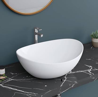 BACKBONE CERAMIC Modern Glossy White Vessel Sink – Minimalist Countertop Bathroom Basin 7001 Table Top Basin