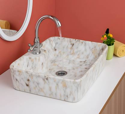 OSOSAM Designer Counter Top Bathroom Sink | Ceramic Table Top Vessel Sink Wash Basin For Bathroom (16 x 12 x 4.7 Inch) Counter Top