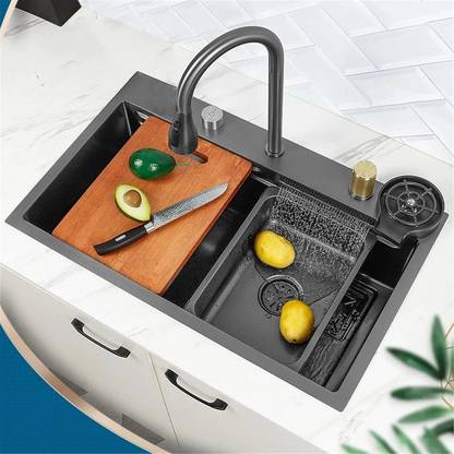 Allwinsink Sink of kitchen 30x18x9 INCH, Kitchen Sink With In-build Pull-Down Faucet and Anti Scretch Nano Black Stainless Steel Multi Functional Kitchen Sink Vessel Sink