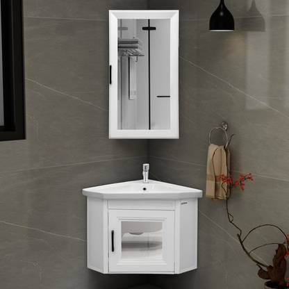 Plantex Wall Mount Vanity Cabinet with Washbasin and Mirror/Corner Basin Waste Coupling/Cabinet for Bathroom Organizer - (406, White) Wall Hung Basin