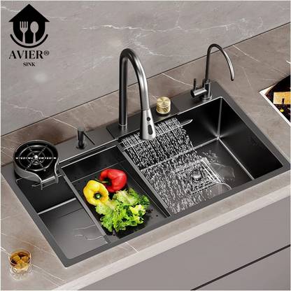 AVIER Premium Waterfall Kitchen Sink 30"X18"X9" Single Bowl Stainless Steel SS 304 Pull Down faucet & complete set Under Counter Basin