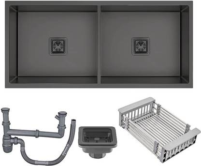 MESSINA SOUND PROOF HANDMADE KITCHEN SINK (37"×18"×10") DOUBLE BOWL MATT FINISH BLACK Vessel Sink