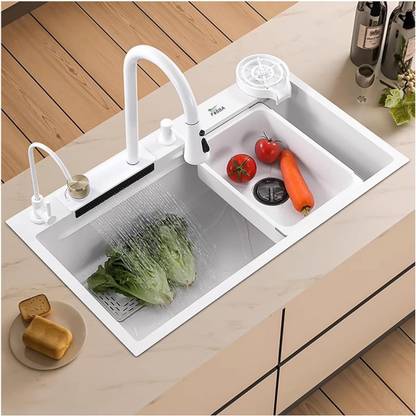 Fossa 30"x18" Single Bowl Waterfall Kitchen Sink Honeycomb Embossed Sink With White Nano Coating , Rectangular Workstation,faucet With all Accessories. Vessel Sink