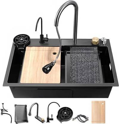 WiNGRESS Stainless Steel 24x18x9 Kitchen Sink with ANTI SCRATCH Integrated Waterfall and Pull-down Faucet Set / Sink with Cup washer and Drain Baskets Vessel Sink