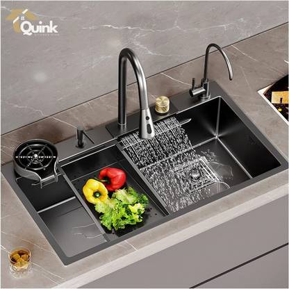 QUINK 30x18x9 Waterfall Kitchen Sink with Integrated Waterfall and Pull Down Faucet Kitchen Sink With Pull-Out Faucet Vessel Sink