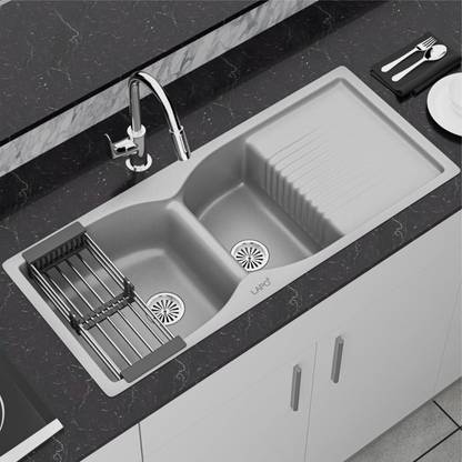 LAPO Quartz Double Bowl Kitchen Sink with Drain Board, Granite - 45x18x8.5 Inches QTZ-Sink-DBL-Drain-45x18-Grey Vessel Sink