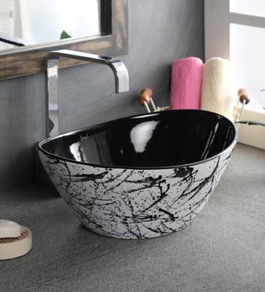 Joyo Cera Art Wash Basin Countertop, Tabletop Ceramic Bathroom Sink/Basin Dimension 16 x 13 Inch Color Black White Table Top Basin