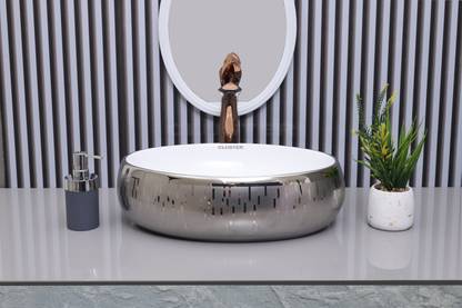 Cluster Designer Glossy Ceramic Table Top Wash Basin For Bathroom & Livingroom Decor | Oval Shaped (48x34x14.5cm) Counter Top