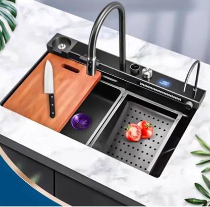 Q-IMAGE Digital integrated multifunction sink, 30X18X9 waterfall sink all in one kitchen sink,led lights with digital display screen 5 piano switch Vessel Sink