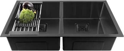 Fossa Honeycomb Embossed 45"x20"x10" Double Bowl 304 Grade Stainless Steel Sink with Black Nano Coating Kitchen Sink (Brushed Finish) with All Acceressories Vessel Sink