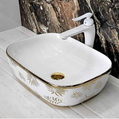 Tap & Tile Art Wash Basin Countertop, Tabletop Ceramic Bathroom Sink/Basin (455x325x145mm) Art Wash Basin Countertop, Tabletop Ceramic Bathroom Sink/Basin (455x325x145mm) (Gold Design) Brand: BASSINO Table Top Basin