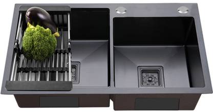 Fossa 32x18x10 Inch Double Bowl With Tap Hole Premium Handmade Kitchen Sink FS-23502Black Vessel Sink