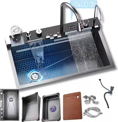 DR CARTRIDGE POINT 30x18x9 5-Piano Switch 2 Waterfall & 1 Pull-down Faucet With LED Display Vessel Sink