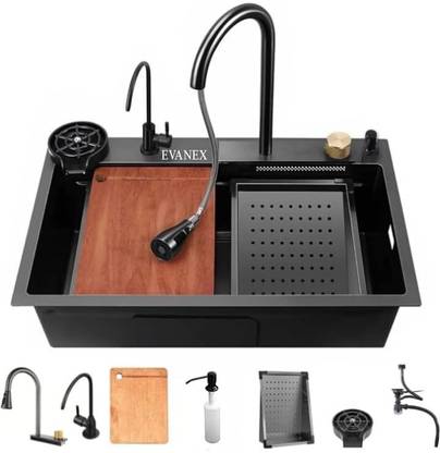 EVANEX EVANEX 24" x 18" X 9" WATERFALL KITCHEN SINK with ANTI SCRATCH HONEYCOMB DESIGN Integrated Waterfall and Pull-down Faucet Set Counter Top