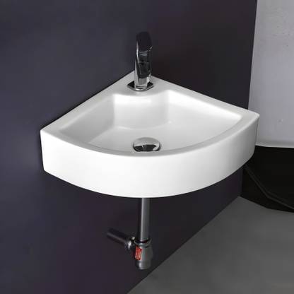 META LENGO-421 Corner Wash Basin For Bathroom White Glossy Finish 16.5X15X4.5inch Corner Basin Counter Top