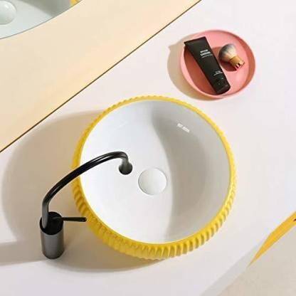 InArt Designer Ceramic Wash Basin for Bathroom Round Shape Yellow Matt Table Top Basin