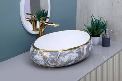 MAHISRE Ceramic Table Top Vessel Sink Wash Basin Oval Shape Over Counter Wash Basin For Bathrooms & Living Room, 18 x 14 x 6 Inch (G3901) Table Top Basin