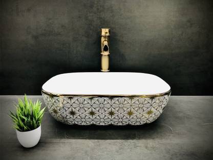 DELTA Premium Imported Designer Ceramic Wash Basin Matt Finish(Golden Square Design) (18x13x5)(Golden Square Line Design) Table Top Basin