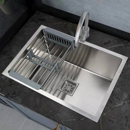 Goonj HANDMADE Stainless Steel Kitchen Sink with Steel Waste Coupling 22 x 18 Inch Stainless Steel Kitchen Sink With Single Bowl Vessel Sink