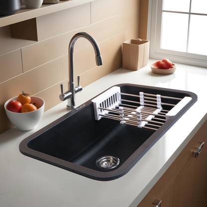 RUHE Quartz Single Bowl 31x19x9 inches Kitchen Sink| Black Matte Finish | 14mm Thick Black Quartz Single Bowl Kitchen Sink (31” x 19” x 9”) Vessel Sink