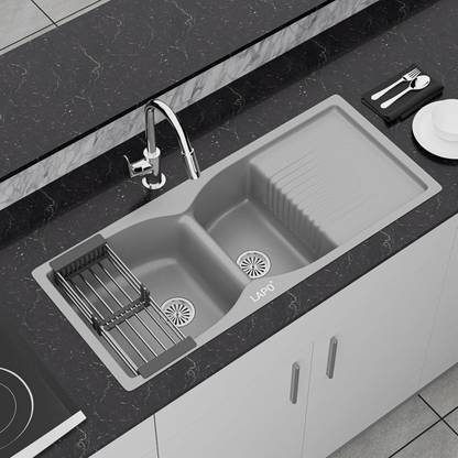 LAPO Quartz Kitchen Sink, Single Bowl Sink with -Grey Metallic Finish -37x18 Inches Quartz-Sink-Grey Double BWL-37x18 Top Mount