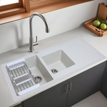 RUHE 12mm Thick Quartz Double Bowl with Drainboard Kitchen Sink (45 x 20 x 9 Inches) Natural Crystal White Granite Stone Matt Finish Double Bowl with Drainboard Sink Vessel Sink