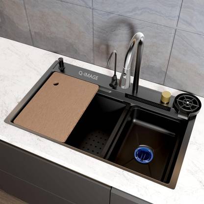 Q-IMAGE Smart Kitchen Sink 304 GRADE All in One 30x18 inch 304 Grade Waterfall Kitchen Sink Vessel Sink