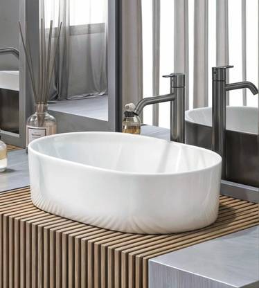 Eden Bathware Prague Counter Top (19x13x6 inch)/ (49x32x14 cm)/ Scratch Proof/ Anti Bacterial with Coupling & WastePipe Ceramic Table Top Basin
