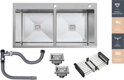 chirag Kitchen Sink 32 Inch (32x18x10) Tap Hole Double Bowl SS304 Stainless Steel Sink CSS3218TH|HANDAMDE SINK WITH FRUIT BASKET & PVC PIPE|DOUBLE BOWL WITH TAP HOLE| Vessel Sink