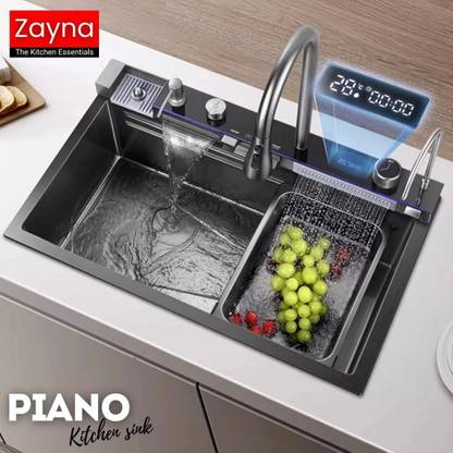 Zayna 30X18 Piano Kitchen Sink (304 Grade) With LED Display & Dual Waterfall &Pullout Faucet& Glass Washer & Soap Dispenser & RO Faucet (No Electricity Req.) Vessel Sink