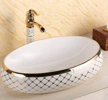 Tap & Tile Premium quality White and Golden Table Top wash Basin size 24 x 16 x 6 Inch Glossy finish TMT_203 Table Top Basin