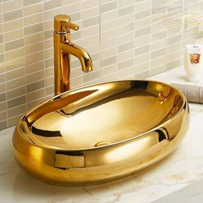 MAHISRE Over Counter Top Wash Basin For Living Room | Golden Washbasin Countertop Countertop Tabletop Ceramic Bathroom Kitchen Sink (24 x 16 x 6 Inch) SKTHI2202 Table Top Basin