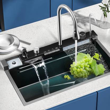 Q-IMAGE 304 Stainless Steel Handmade Sink, LED Panel,Digital Temperature Display, Kitchen Sink with Waterfall and Pull-down Faucets - Waterfall Kitchen Under Counter Basin