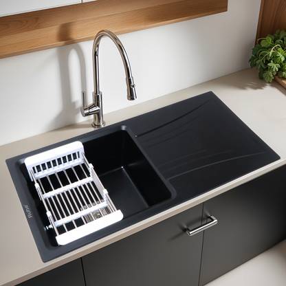 RUHE Black Quartz Single Bowl Kitchen Sink with (36 x18 x9 Inch) Natural Black Granite Matt Finish Vessel Single Bowl With Drain Board Sink Vessel Sink