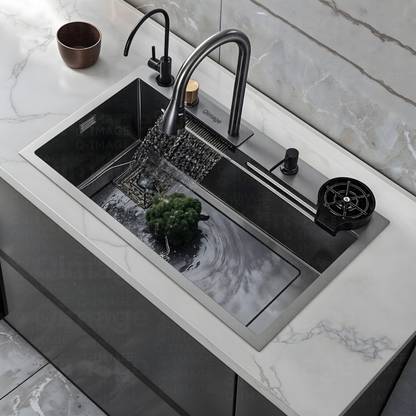 Q-IMAGE KITCHEN SINK WITH ANTI SCRATCH DESIGN INTEGRATED WATERFALL AND PULL-DOWN FAUCET SET/304 GRADE STAINLESS STEEL SINK WITH CUP WASHER,DRAIN BASKETS (30x18x9 INCH) Vessel Sink